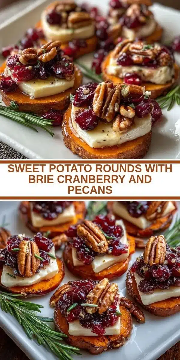 Sweet potato rounds topped with brie cheese, cranberry sauce, and pecans