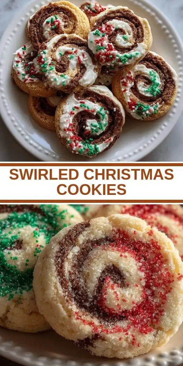 Colorful swirled Christmas cookies displayed on a festive plate