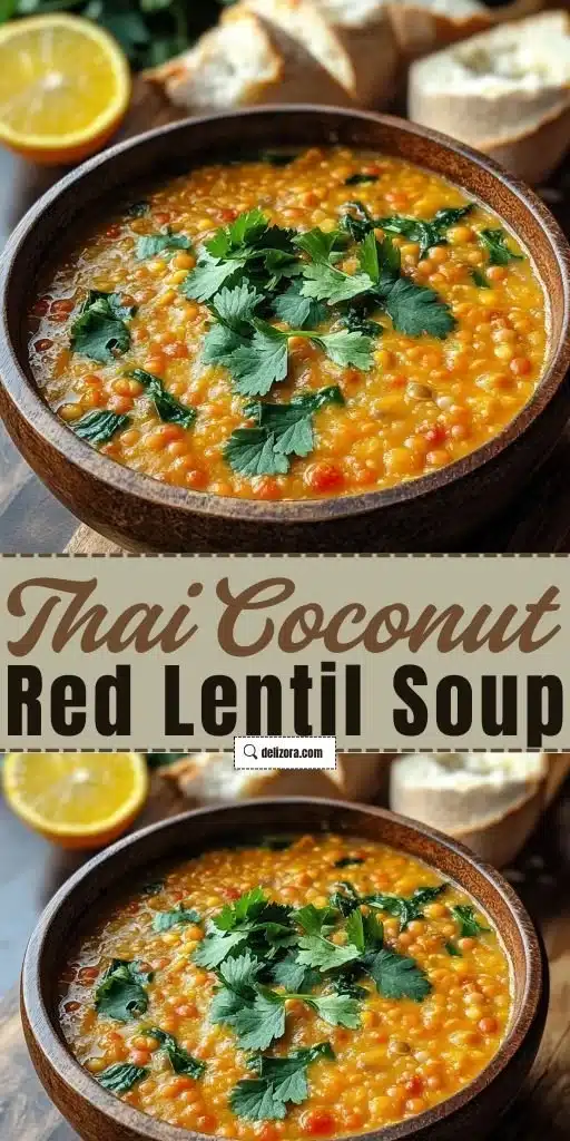 Bowl of Thai Coconut Red Lentil Soup garnished with cilantro and lime