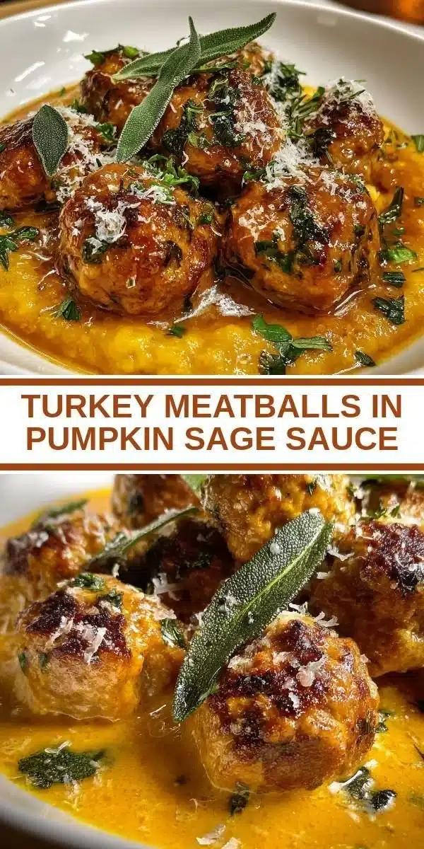 Turkey meatballs in creamy pumpkin sage sauce served on a white plate.