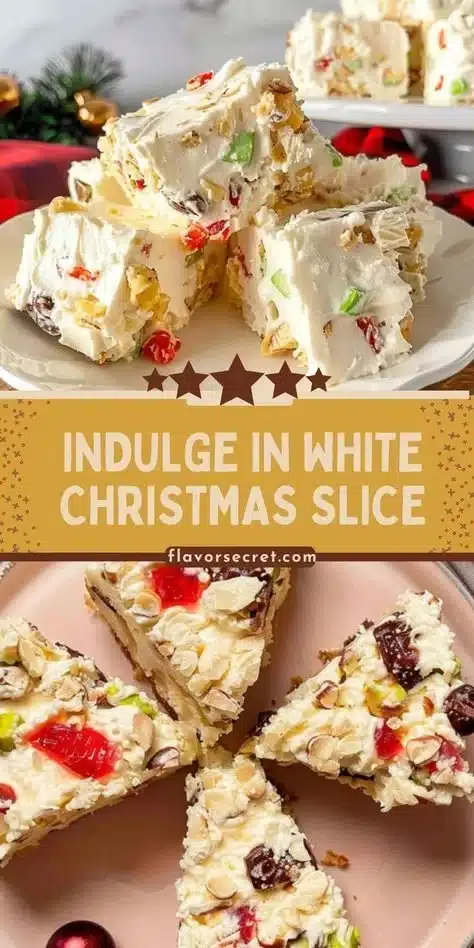 Delicious White Christmas Slice with festive ingredients and toppings.