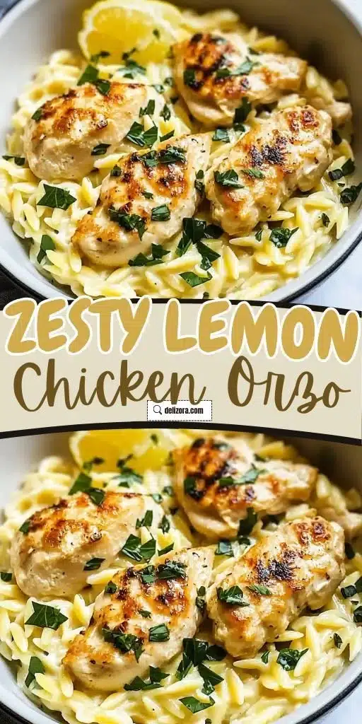 One-pot lemon chicken orzo dish with vibrant ingredients in a skillet