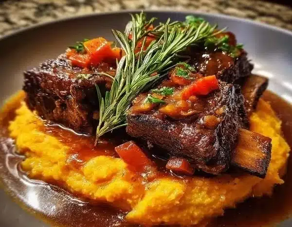 Delicious apple cider braised short ribs with rosemary mashed sweet potatoes on a plate.