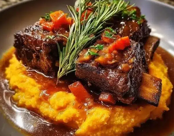 Apple cider braised short ribs served with rosemary mashed sweet potatoes.