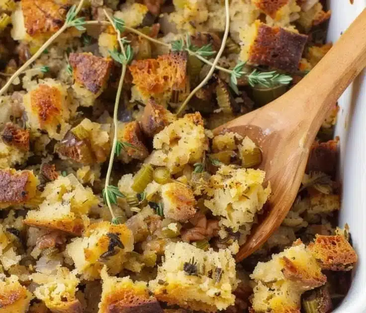 Delicious artisan sourdough stuffing served in a rustic bowl