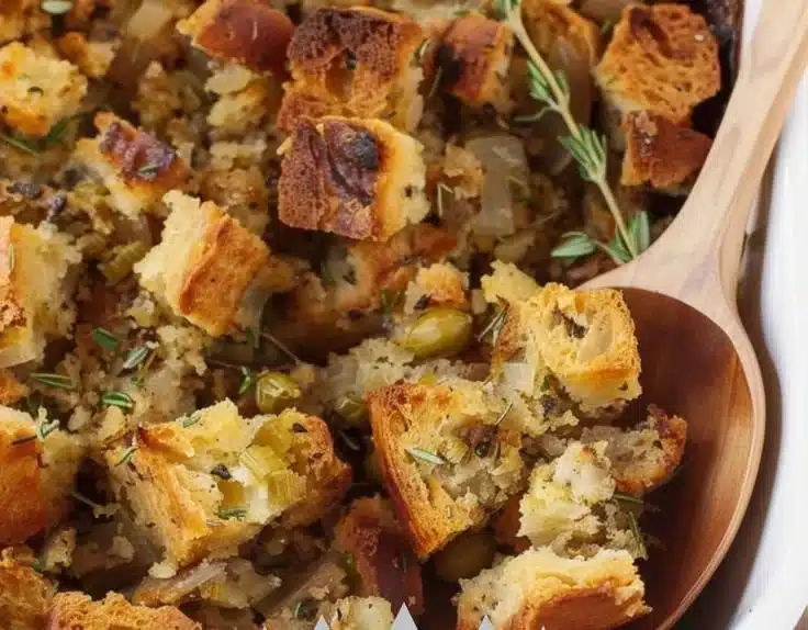 Delicious artisan sourdough stuffing in a serving dish, ready for the holiday feast.