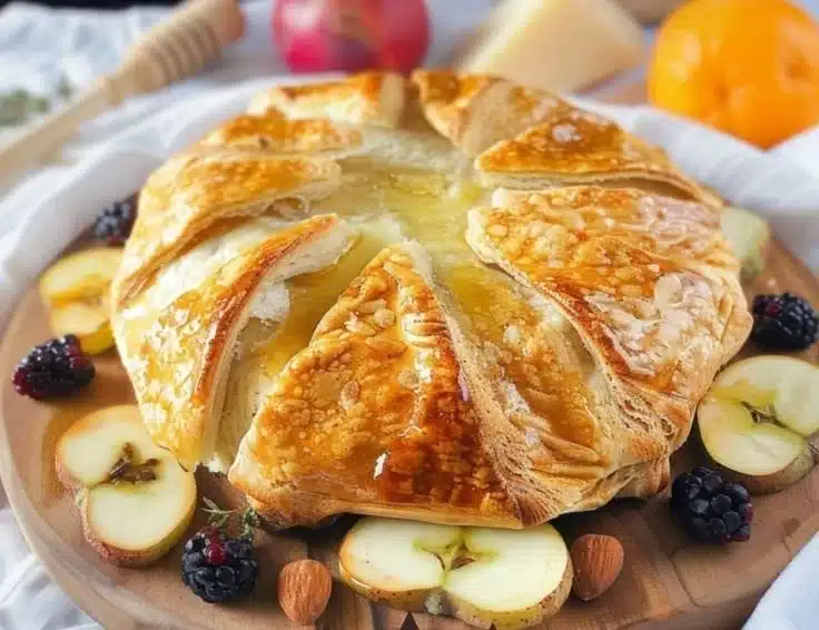 Baked brie in crust with honey and thyme served on a wooden board