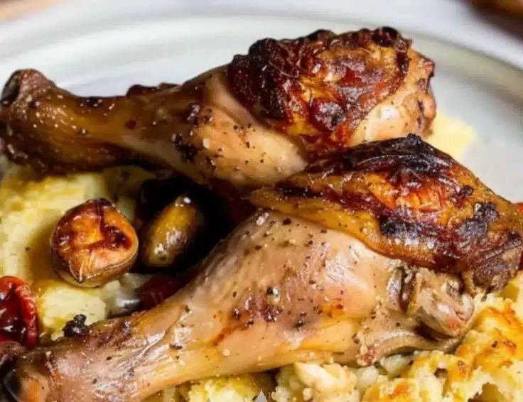 Baked chicken drumsticks served with paprika yogurt sauce on a plate