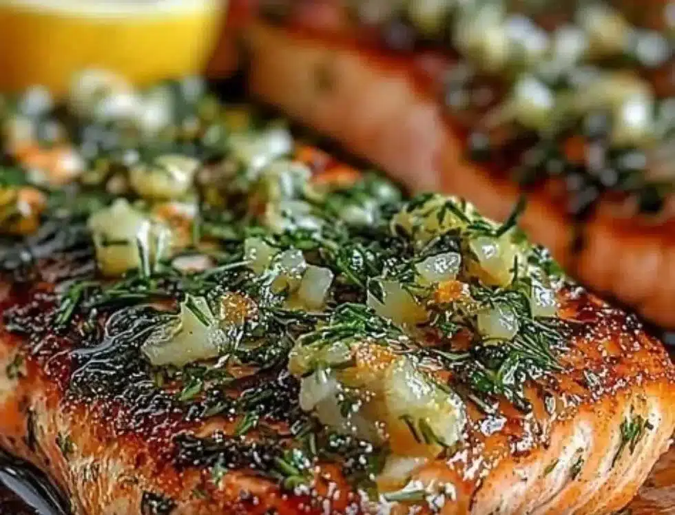 Baked salmon fillet seasoned with garlic and herbs on a plate