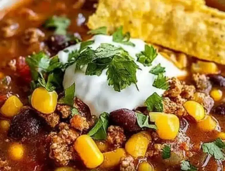 A bowl of delicious taco soup topped with cheese and avocado.