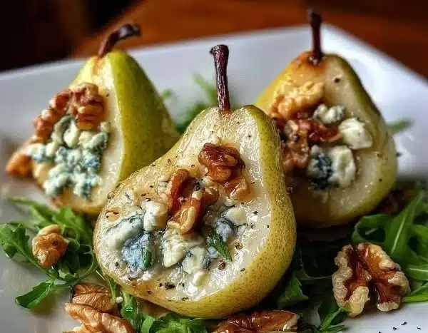 Delicious blue cheese stuffed pears served as an elegant appetizer.