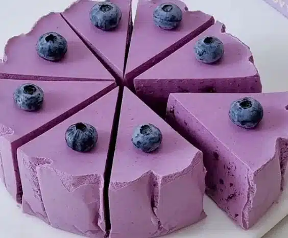 Slice of Blueberry Yogurt Mousse Cake with fresh blueberries on top