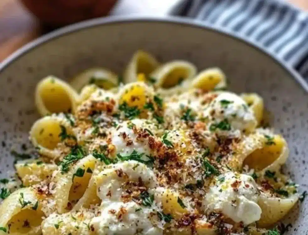 Burrata pasta shells topped with fresh herbs and spices