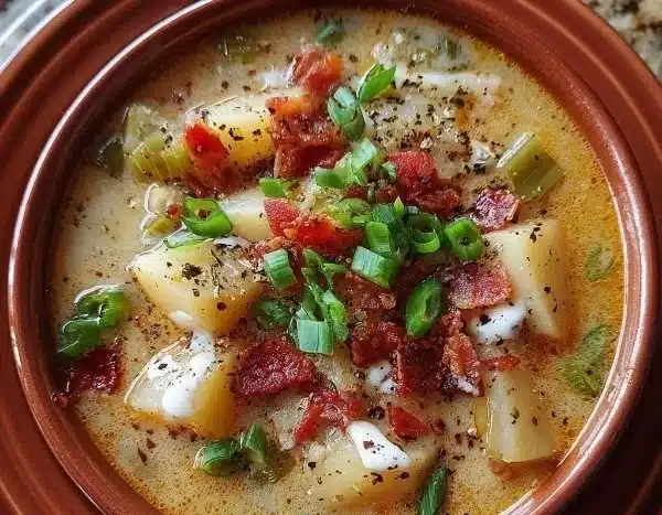Bowl of Cajun Potato Soup with fresh herbs and spices