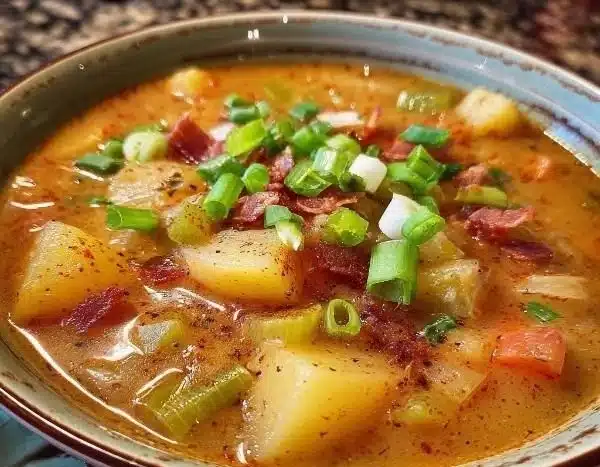Bowl of Cajun Potato Soup garnished with green onions