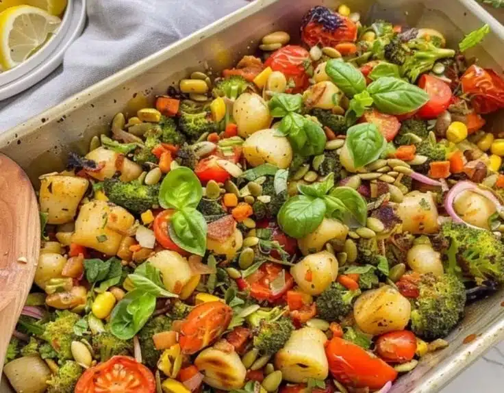 Cashew Tikka Masala Sheet Pan Gnocchi served on a plate with garnishes