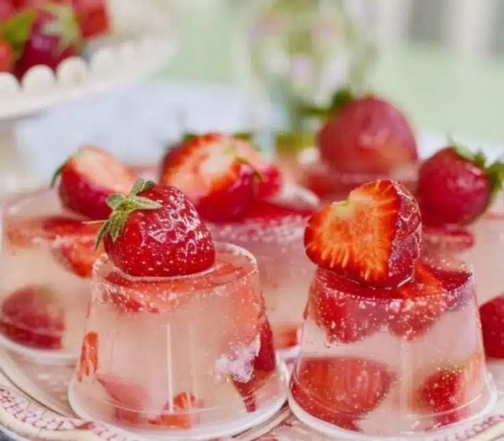 Delicious Champagne Jelly with fresh strawberries on a dessert plate.