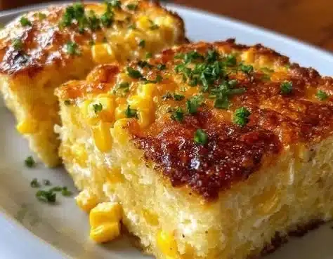 Delicious cheesy cream cheese corn casserole served in a baking dish
