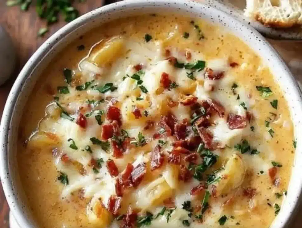 Bowl of cheesy loaded baked potato soup with toppings