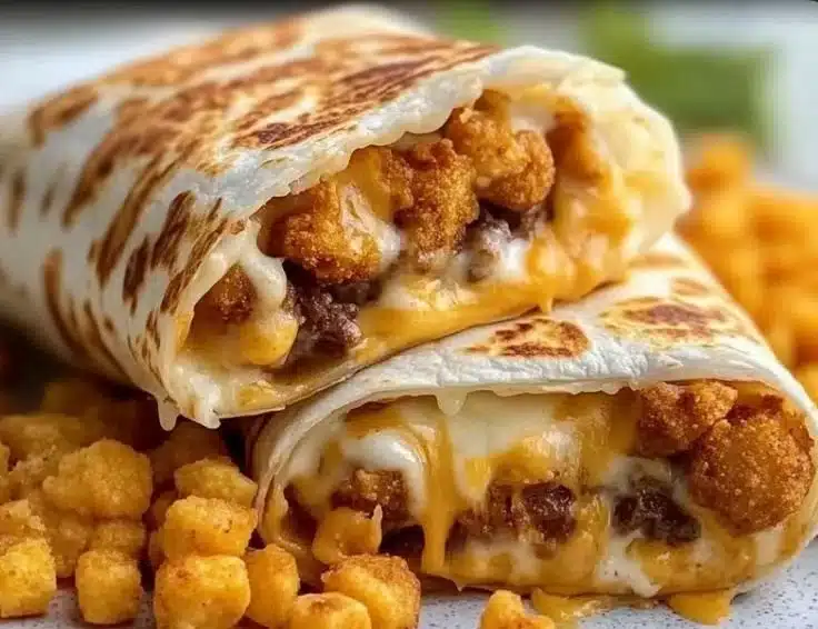 Delicious cheesy potato burritos served on a plate with toppings.