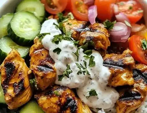 Chicken Shawarma Rice Bowl with marinated chicken, fresh vegetables, and spices