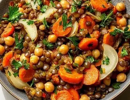 Chickpea and Lentil Salad with Carrots served in a bowl, garnished with herbs.