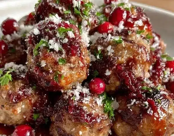 Delicious Christmas cranberry meatballs served on a festive platter