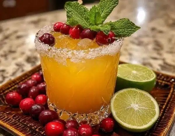 Christmas Mistletoe Margarita cocktail with festive decorations