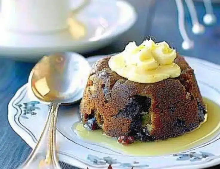 Delicious Christmas pudding served with rich brandy butter on a festive table.