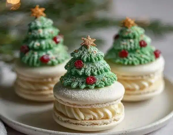 Christmas Tree Cake Macarons decorated like festive Christmas trees