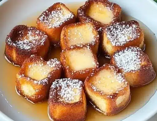 Delicious cinnamon roll French toast bites served on a plate.