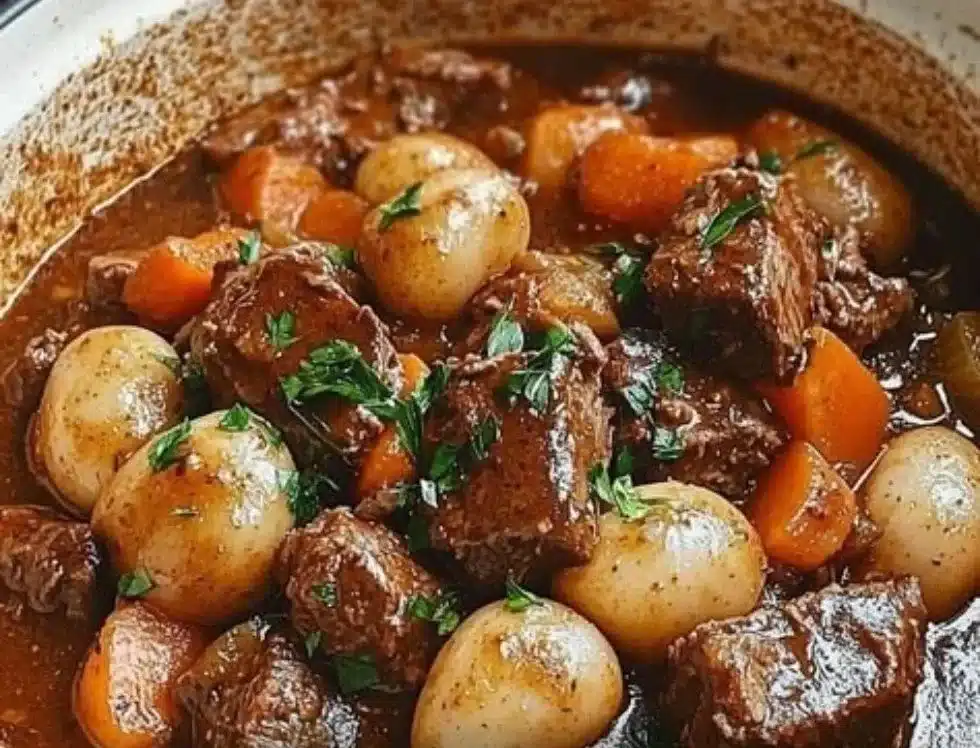 A bowl of classic beef stew with tender meat and vegetables