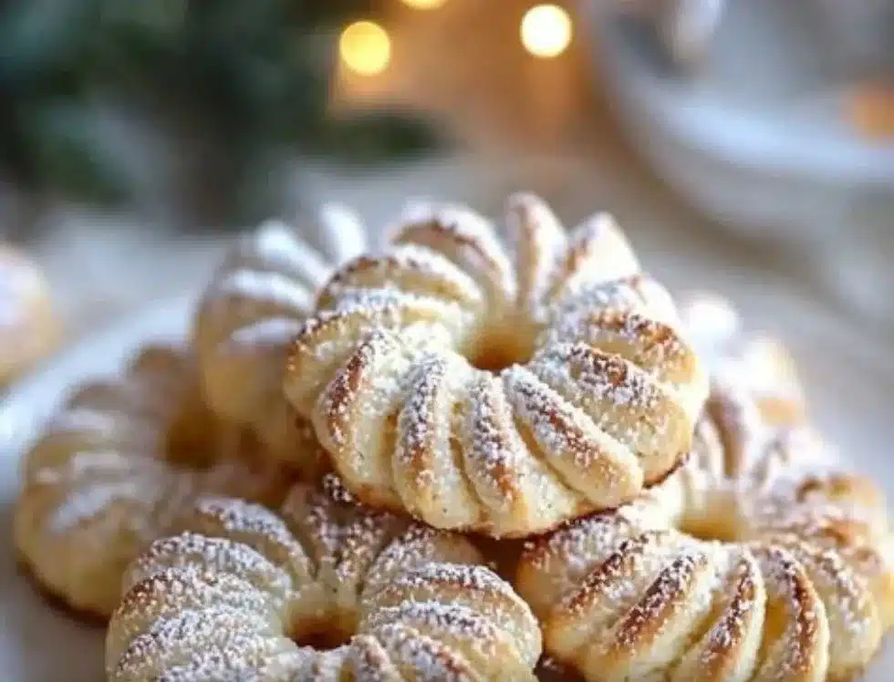 Delicious Classic Butter Wreath Cookies decorated for the holidays