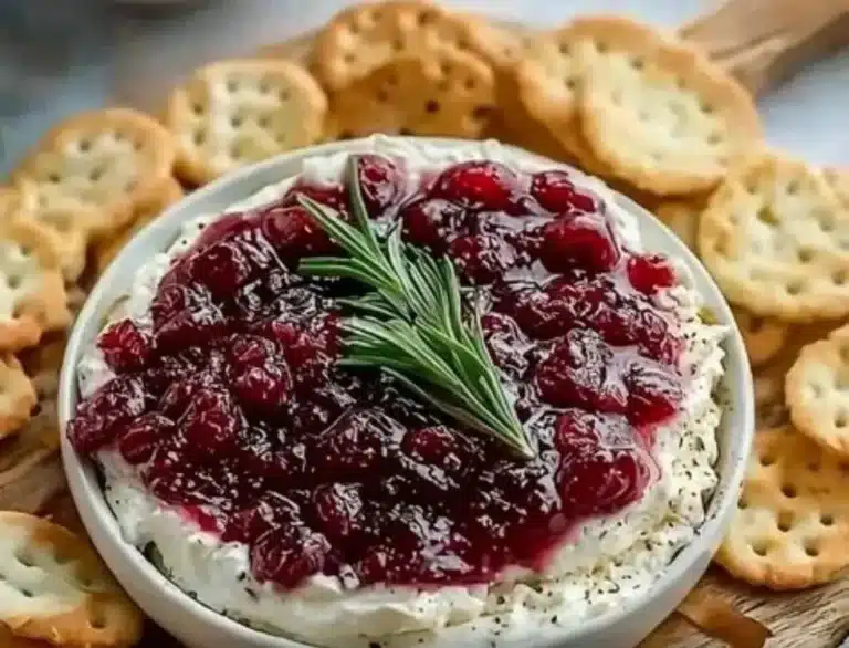 Classic Cranberry Cream Cheese Dip served with crackers and herbs