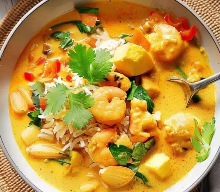 Delicious Coconut Ginger Fish Curry served with steamed rice