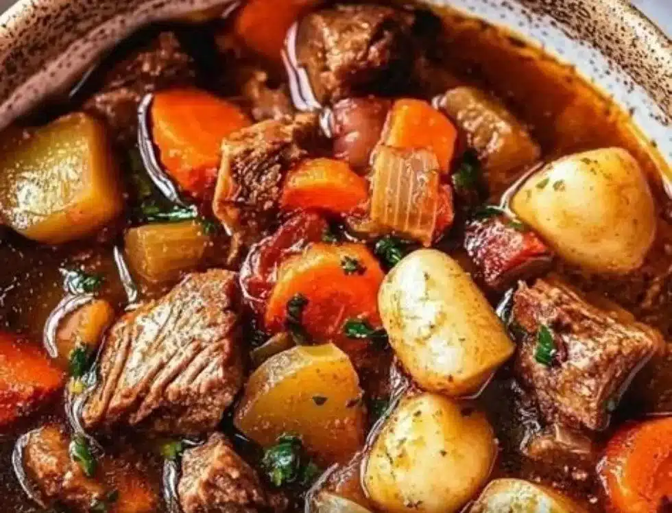Bowl of comforting beef stew with vegetables and herbs