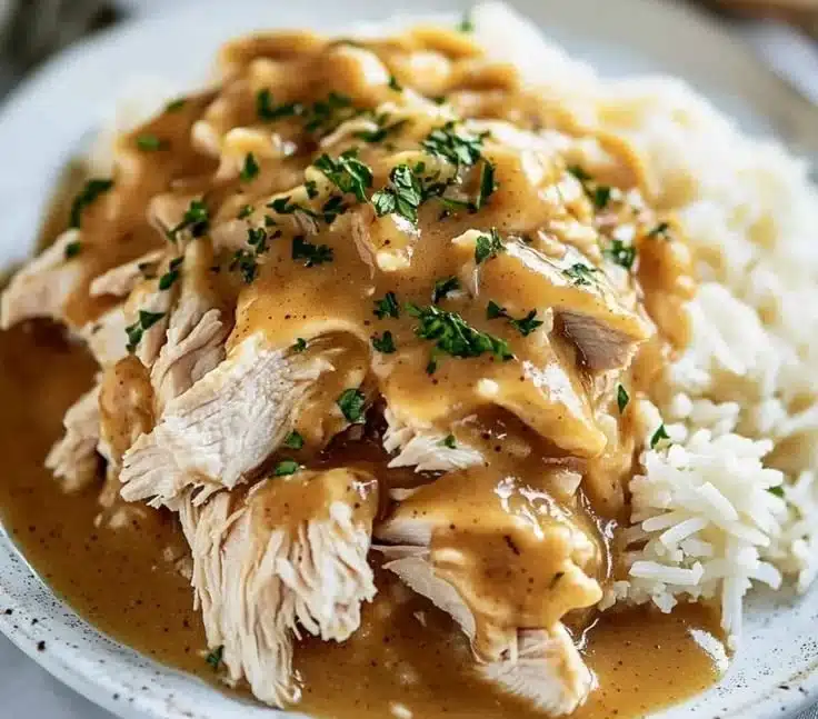 Delicious crockpot chicken in gravy served with vegetables on a plate.