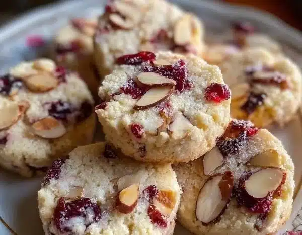 Delicious cranberry almond shortbread cookies on a decorative plate.