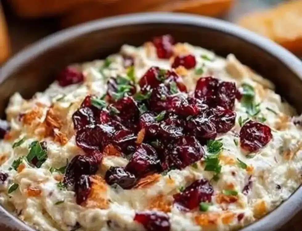 Cranberry Jalapeno Dip with cream cheese served in a bowl