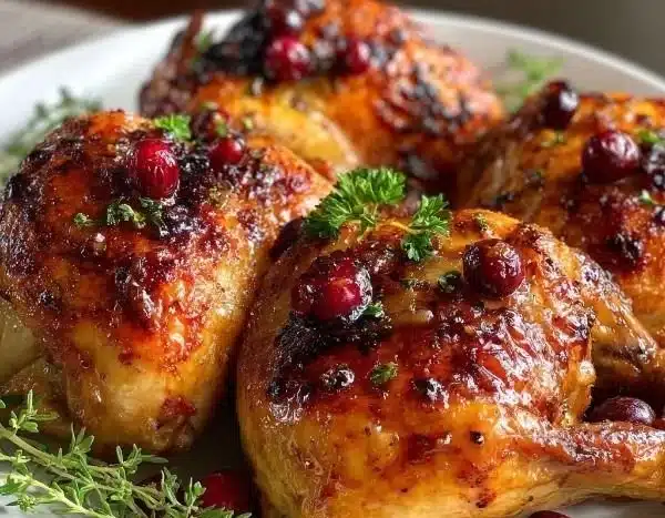 Cranberry Maple Roast Chicken garnished with herbs and cranberries on a serving platter.