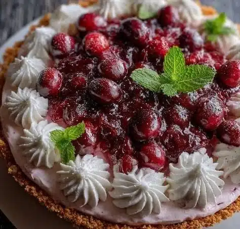 Delicious Cranberry Mousse Pie served in a pie dish with fresh cranberries