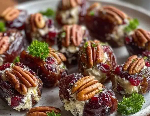 Cranberry pecan cream cheese stuffed dates on a serving platter