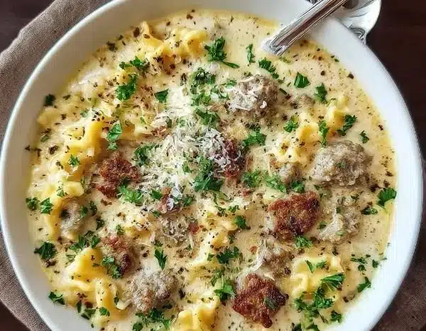 Bowl of creamy Alfredo Lasagna Soup topped with cheese and herbs