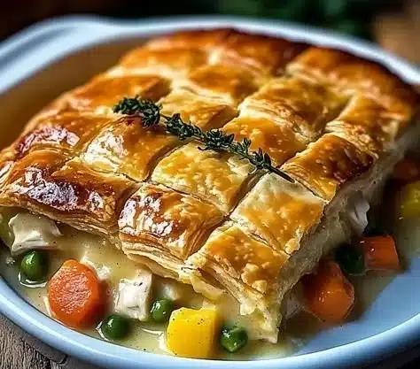 Creamy Chicken Pot Pie Casserole with fresh vegetables and flaky crust