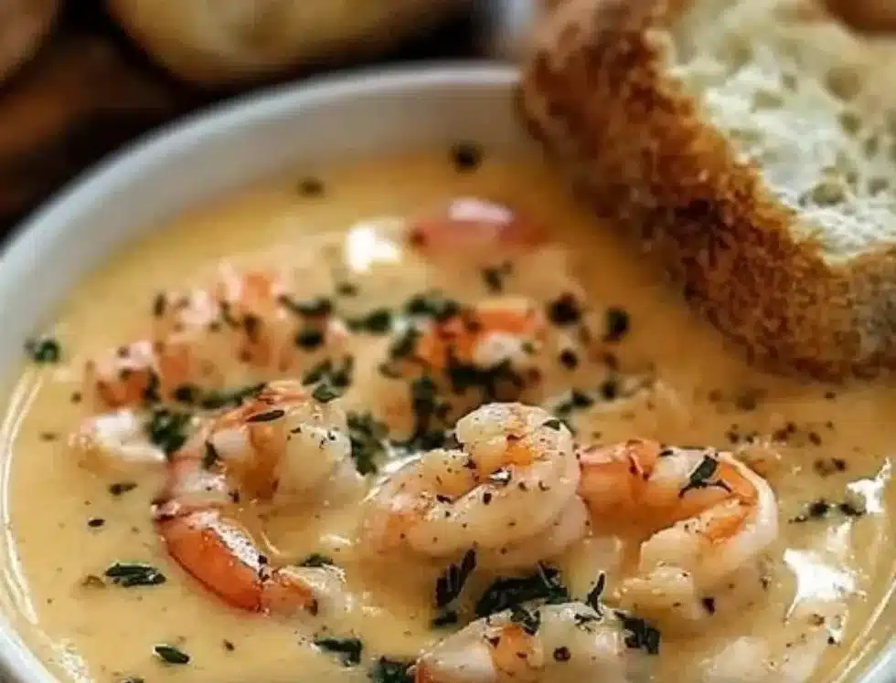 Creamy crab and shrimp seafood bisque served in a bowl garnished with herbs.