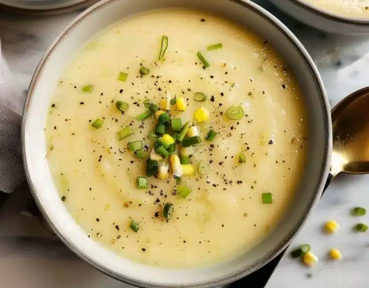 Bowl of creamy potato leek soup garnished with fresh herbs