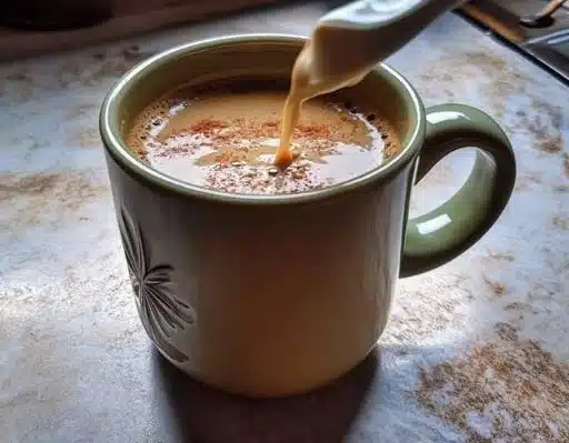 Cup of creamy spiced hot cocoa topped with whipped cream and a sprinkle of cinnamon.