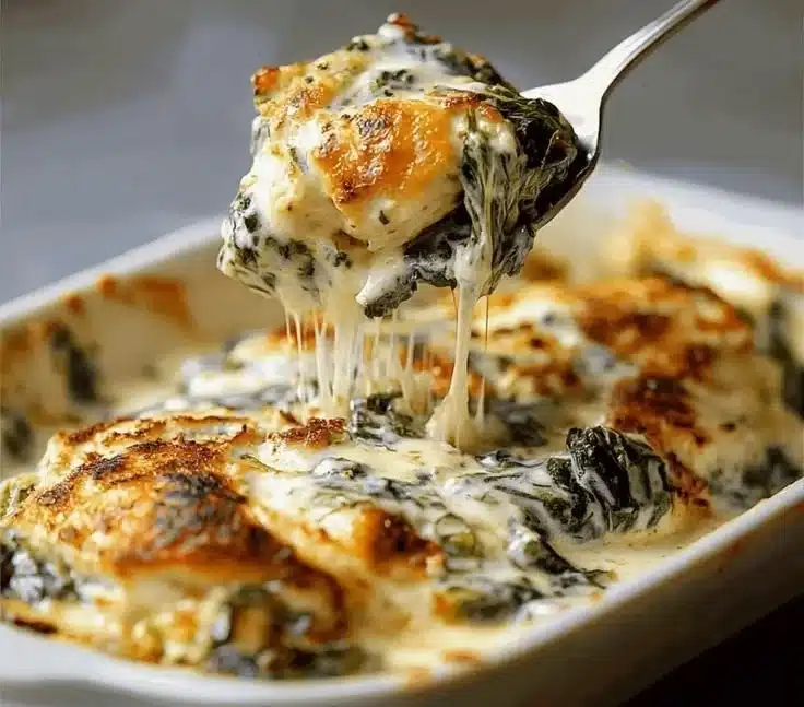 Creamy spinach artichoke chicken with cottage cheese served on a plate