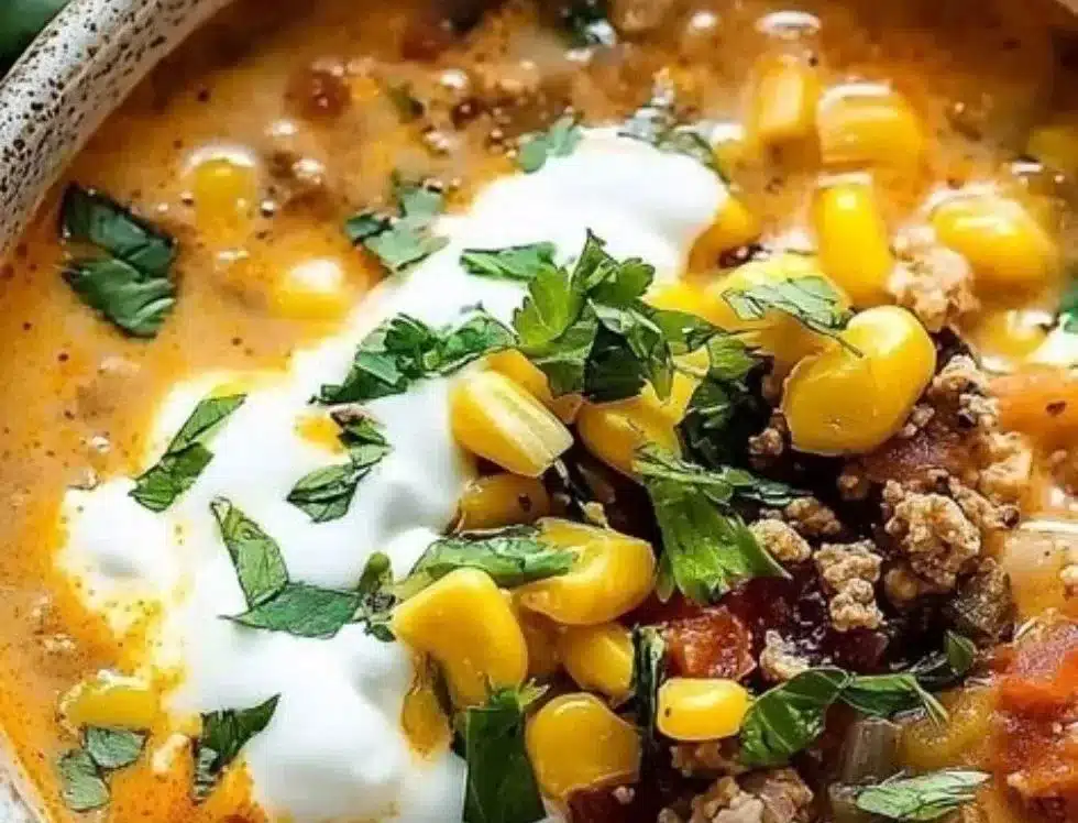 A bowl of creamy taco soup garnished with cheese and cilantro.