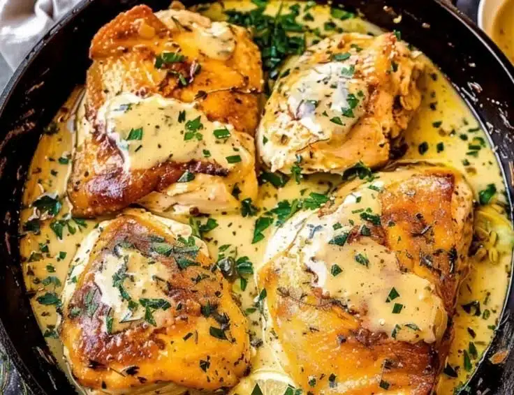 Creamy Tarragon Chicken garnished with fresh herbs on a plate.